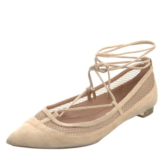 Aquazzura Dalia Pointed Toe Wrap Around Ballet Flats Cream Suede Mesh Sz 37 - Picture 1 of 14